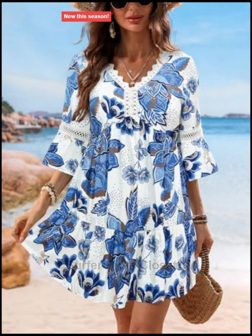 Lace Trim V-Neck 3/4 Sleeve Mini Cover Up Dress Flowy Boho Print